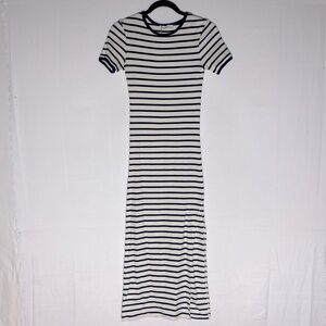 Brownie Navy Blue Cream Striped Ribbed Short Sleeve Crew Neck Mack Dress M